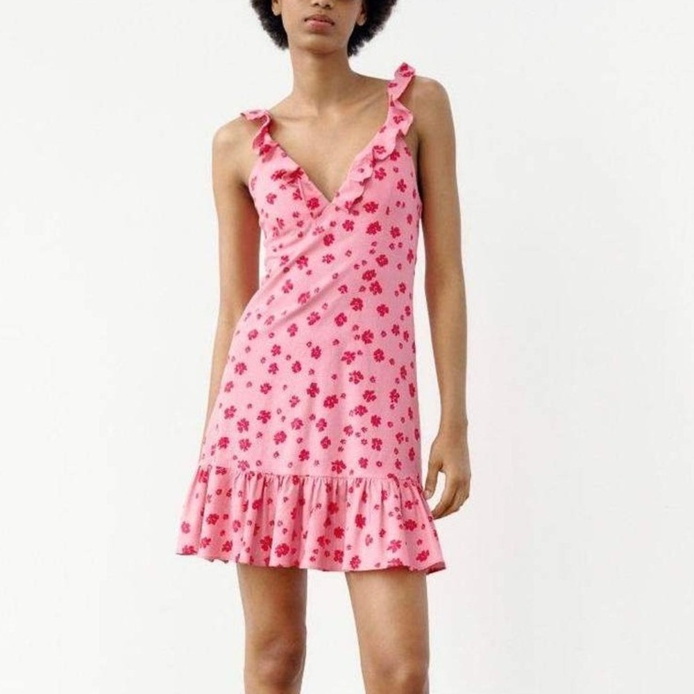 Zara Floral Ruffle Mini Dress Medium Pink Red Coquette Cottagecore Linen Blend